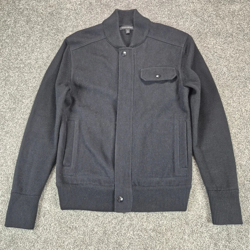 Banana Republic Merino Wool BomberJacket Mens Small Black Sweater Knit Full Zip